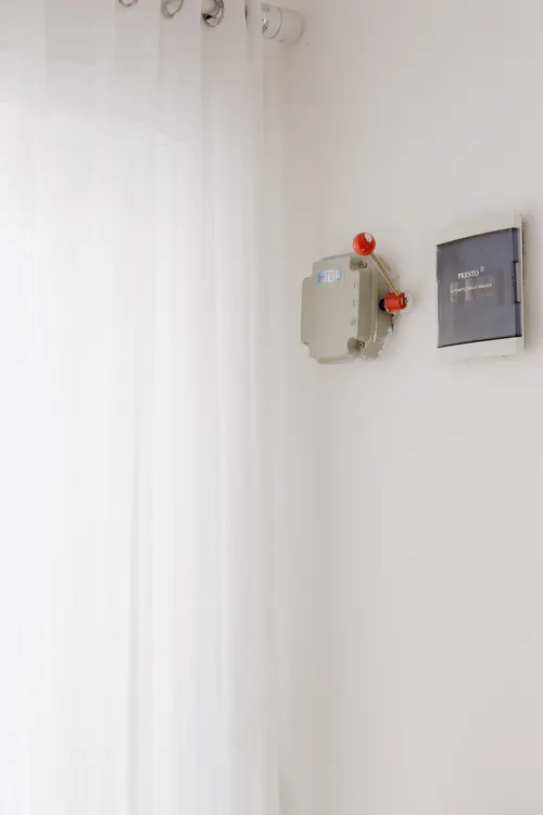 Electrical circuit breaker panel mounted on a wall